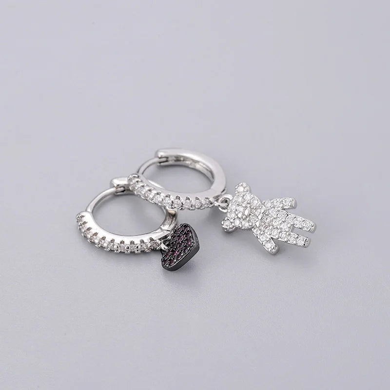 Silver Micro Zircon Bear Heart Hoop Earrings Female