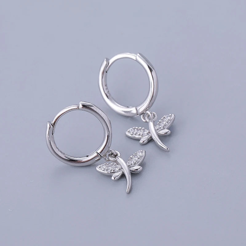 Silver Micro Zircon Dragonfly Pendant Hoop Earrings For Women