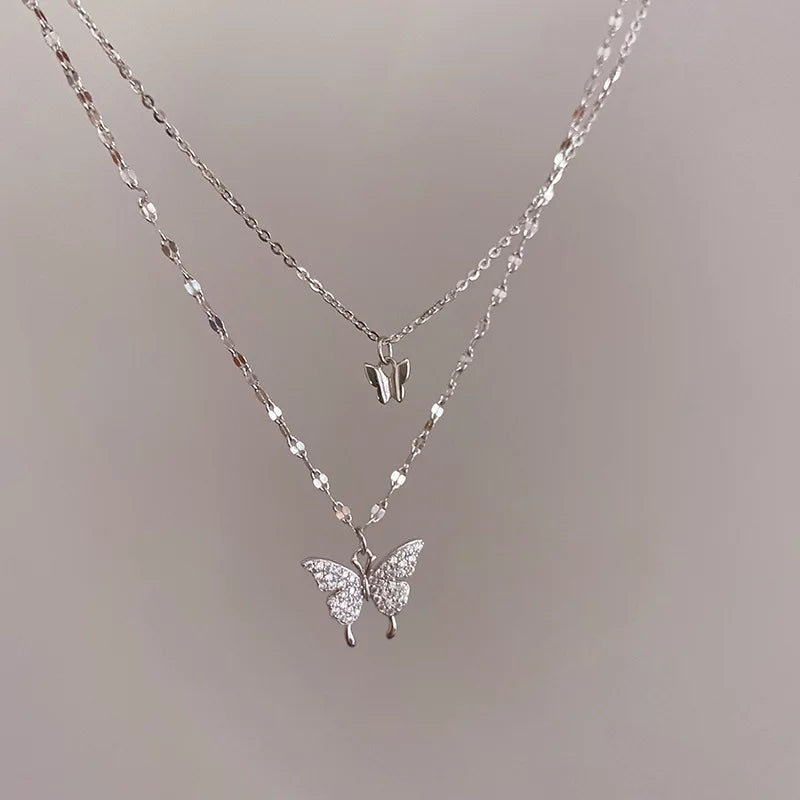 Double Layer Silver Butterfly Necklace for Women S-N173