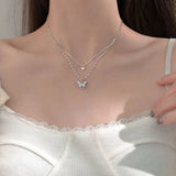 Double Layer Silver Butterfly Necklace for Women S-N173
