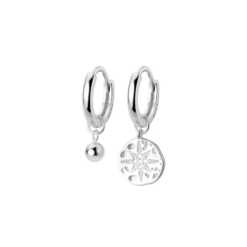 Silver Star Asymmetrical Hoop Earrings with Tassel CZ Discs