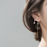 Silver Star Asymmetrical Hoop Earrings with Tassel CZ Discs