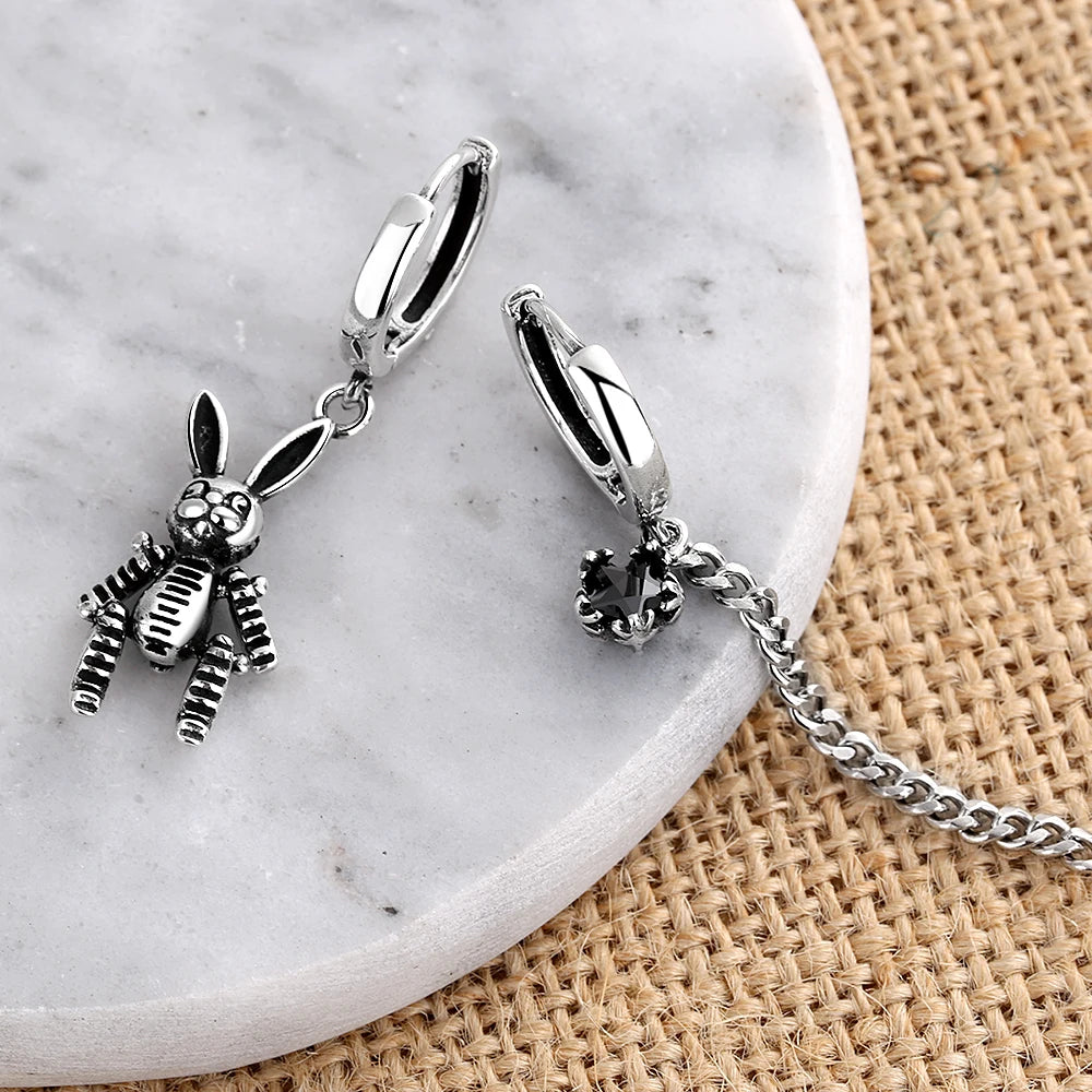 Silver Vintage Rabbit Long Tassel Asymmetric Hoop Earrings For Women