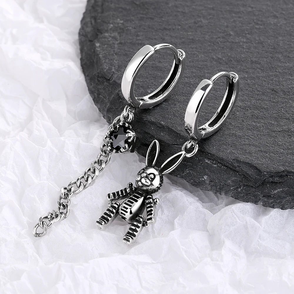 Silver Vintage Rabbit Long Tassel Asymmetric Hoop Earrings For Women