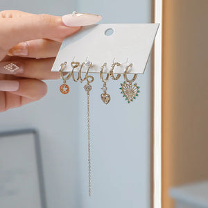Silver Zircon Heart Star Tassel Earrings Set for Women