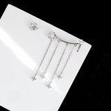 Silver Zircon Star Tassel Chain Asymmetrical Clip Earrings