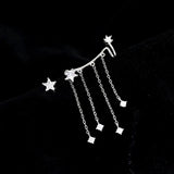 Silver Zircon Star Tassel Chain Asymmetrical Clip Earrings