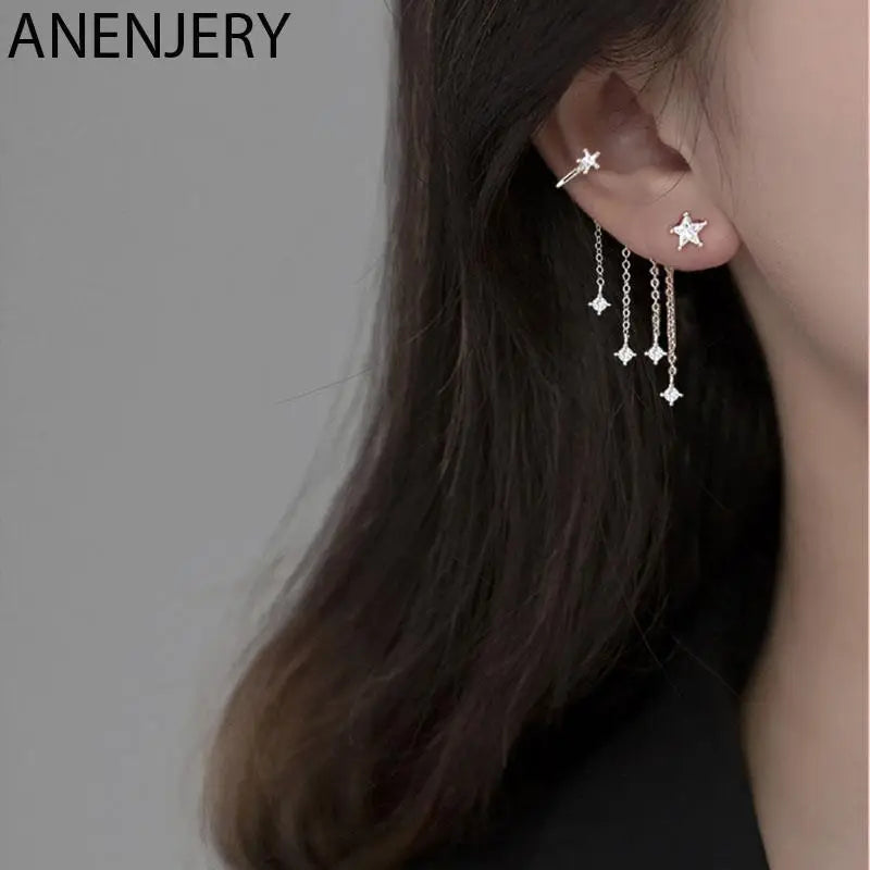 Silver Zircon Star Tassel Chain Asymmetrical Clip Earrings