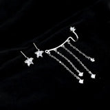 Silver Zircon Star Tassel Chain Asymmetrical Clip Earrings