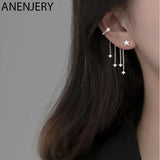 Silver Zircon Star Tassel Chain Asymmetrical Clip Earrings