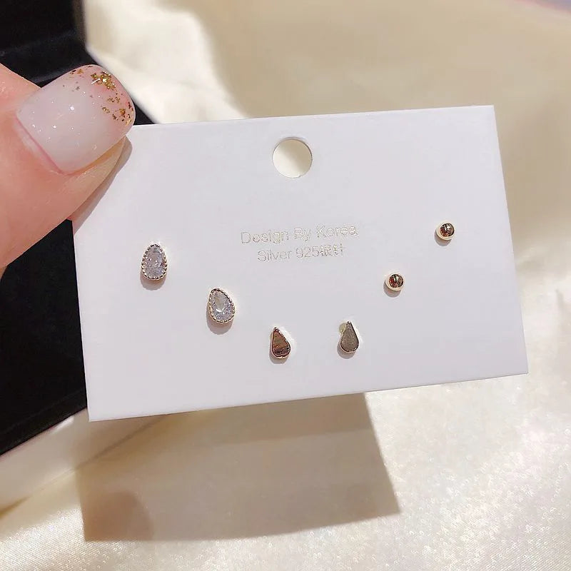 Silver CZ Stud Earrings Set - 6 Pcs Drip Shape CZ Women's Jewelry