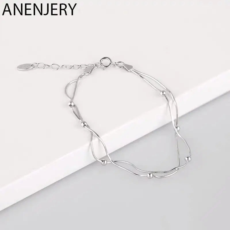 Silver Double Chain Beads Bracelet For Women S-B127