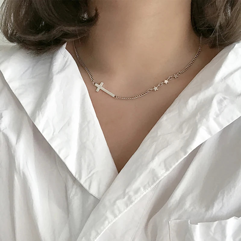 Vintage Star Cross Pendant Necklace Thai Silver S-N626