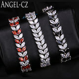 Leaf CZ Silver Strand Bracelet Red Stone