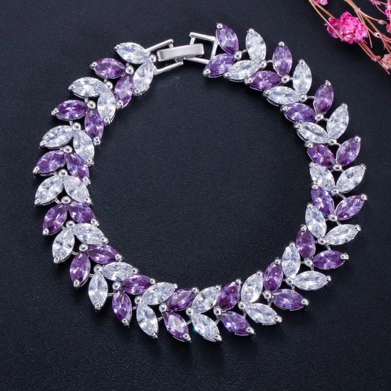 Leaf CZ Silver Strand Bracelet Red Stone