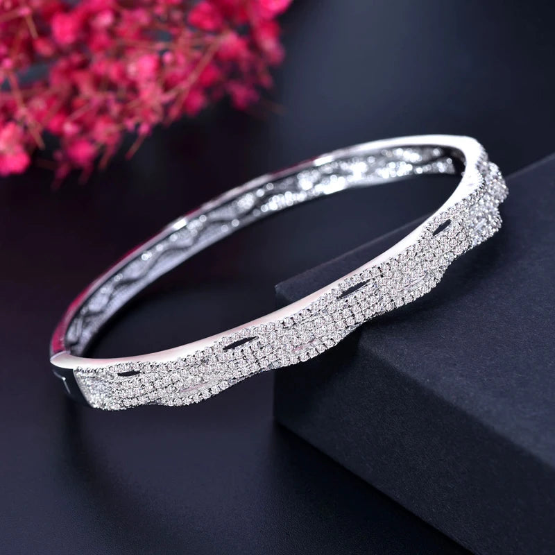 Wave Shape Micro Pave CZ Zircon Rose Silver Cuff Bangles Bracelets for Women