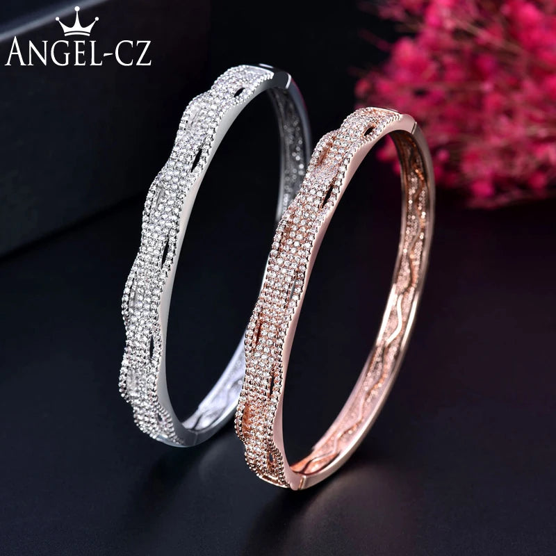 Wave Shape Micro Pave CZ Zircon Rose Silver Cuff Bangles Bracelets for Women