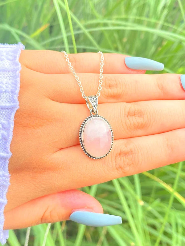 Rose Quartz Pendant Necklace Silver Color Natural Stone Jewelry