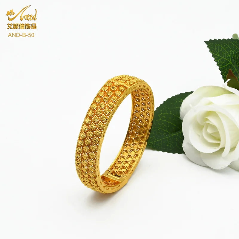 24K Plated Bangle Flower Wedding Bracelet Dubai Arabic Jewelry