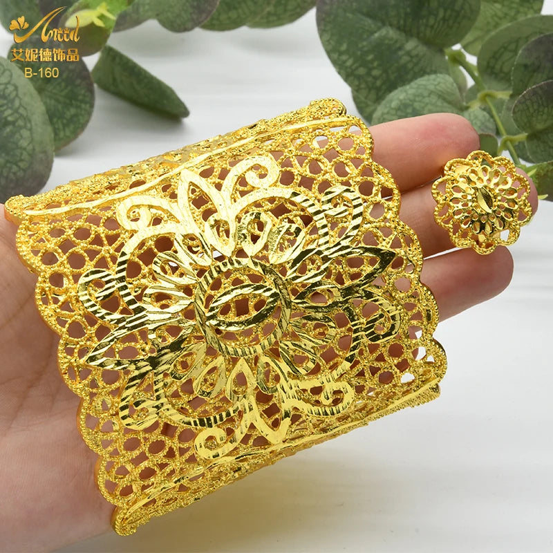 African Adjustable Bangles With Ring For Women Dubai Plated Bracelet