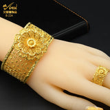 Dubai 24K Flower Bangles With Ring Nigerian Wedding Bridal Bangle Arab Jewelries