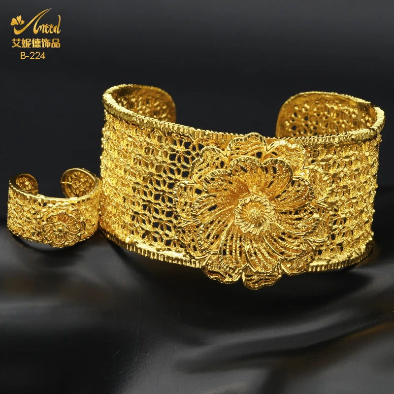 Dubai 24K Flower Bangles With Ring Nigerian Wedding Bridal Bangle Arab Jewelries