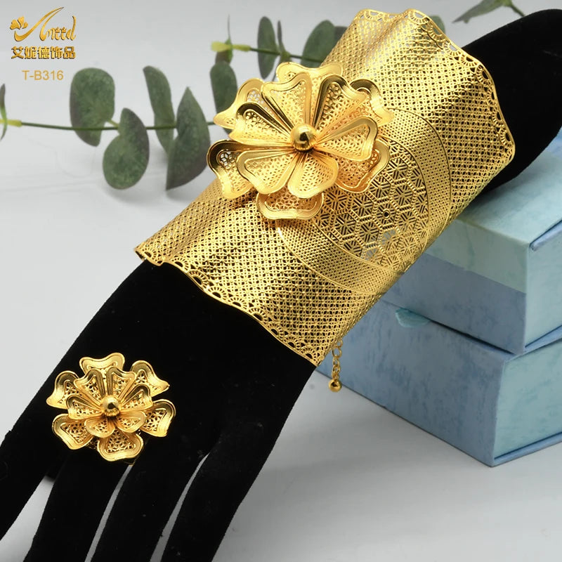 Dubai 24K Golden Cuff Bracelet Female Wedding Jewelry