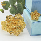 Dubai Flower Plated Bangles With Rings For Women Nigerian Bride Cuff Bracelet