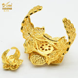 Dubai Flower Plated Bangles With Rings For Women Nigerian Bride Cuff Bracelet