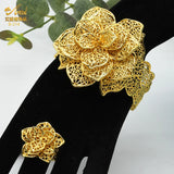 Dubai Flower Plated Bangles With Rings For Women Nigerian Bride Cuff Bracelet