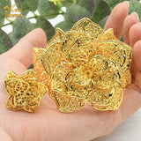 Dubai Flower Plated Bangles With Rings For Women Nigerian Bride Cuff Bracelet