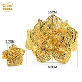 Dubai Flower Plated Bangles With Rings For Women Nigerian Bride Cuff Bracelet