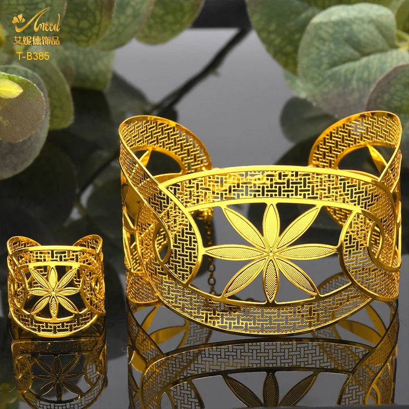 Dubai Plated Woman Bracelet Cuff Bangle With Ring For Women