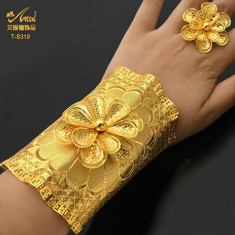 Dubai Plated Woman Bracelet Cuff Bridal Flower Bangles