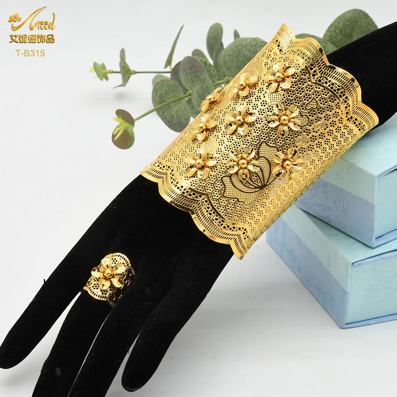 Dubai Plated Bangles With Ring Women Indian Charm Bracelet