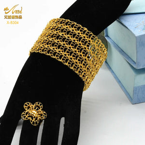 24K Plated Chain Bangles Bracelet With Ring For Women
