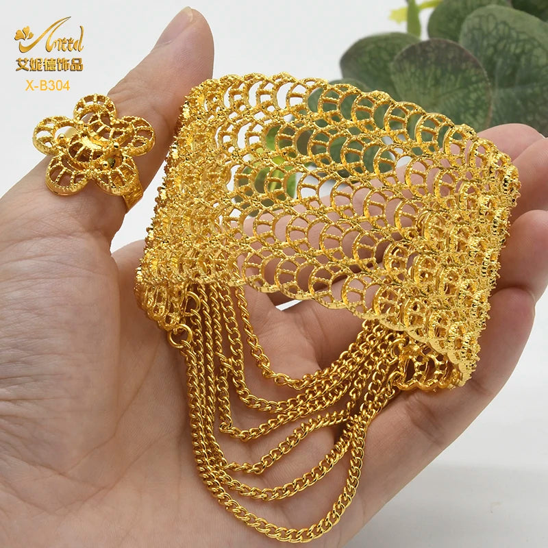 24K Plated Chain Bangles Bracelet With Ring For Women