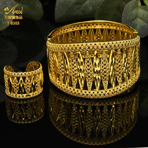 Bohemian Wide Bracelet with Ring Dubai 24K Gold Wedding Jewelry