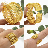 Bohemian Wide Bracelet with Ring Dubai 24K Gold Wedding Jewelry