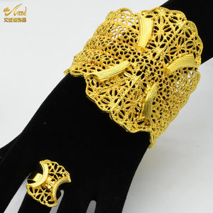 Nigerian Adjustable Bangles With Ring For Women African Plated Bracelets