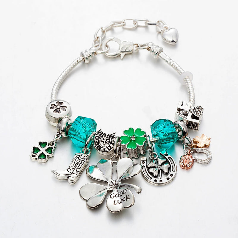 Adjustable Lobster Clasps Green Beaded Charms Bracelet