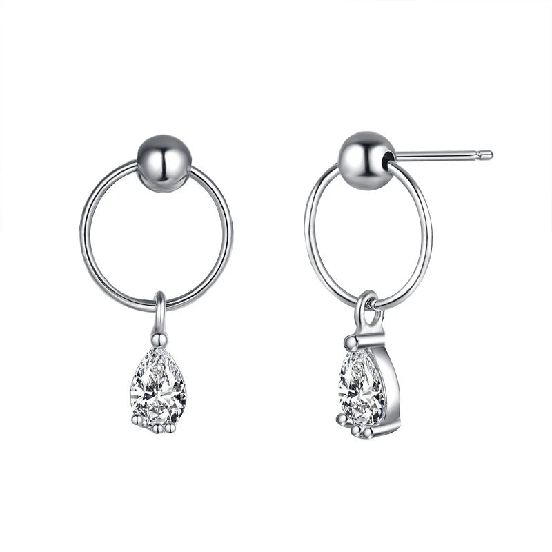 925 Silver Circle Pear Drop Earring Dangle Women Engagement Wedding Party