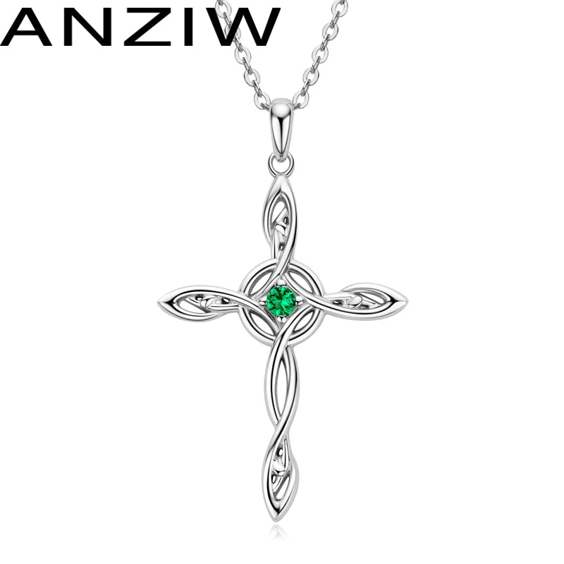 Green CZ Cross Pendant Necklace 925 Silver