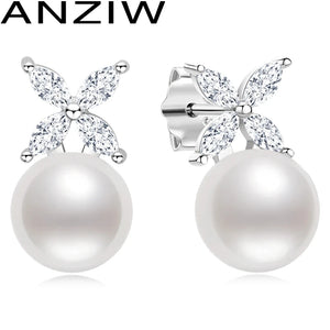 925 Silver Clover CZ & 8mm Pearl Stud Earrings