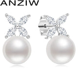 925 Silver Clover CZ & 8mm Pearl Stud Earrings