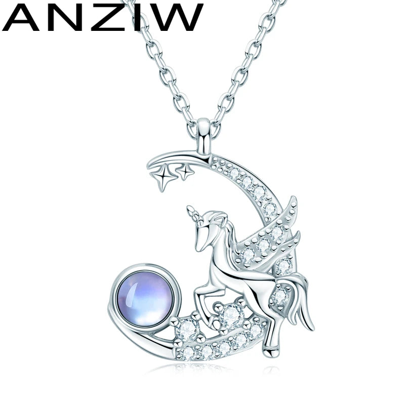 Moonstone & Cubic Zircon Unicorn Pendant Necklace