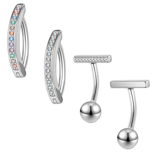925 Sliver T Shape Belly Button Ring Zircon Navel Piercing Barbell