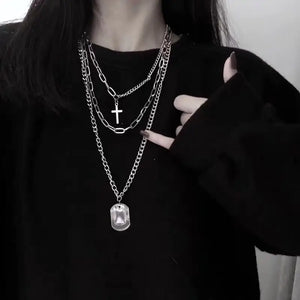 Hip Hop Long Chain Cross Pendant Necklace Set