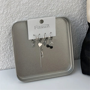 4PCS Silver Tassel Chain Love Earring Geometric Cherry Hoop Jewelry
