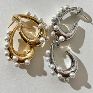 Autumn S925 Vintage Silver Arc Pearl Hoop Earrings